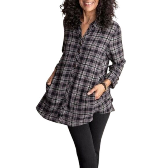HABITAT Plaid Crinkle Tunic Top Gray Black Long Sleeve Shirt Size XL EUC - Picture 1 of 16